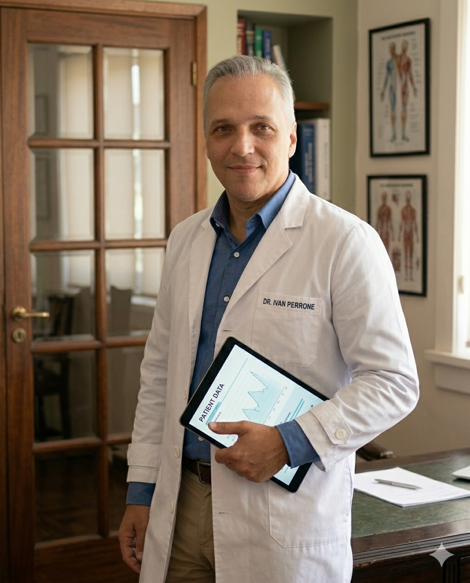 Dr. Iván Perrone sosteniendo una tablet en consultorio